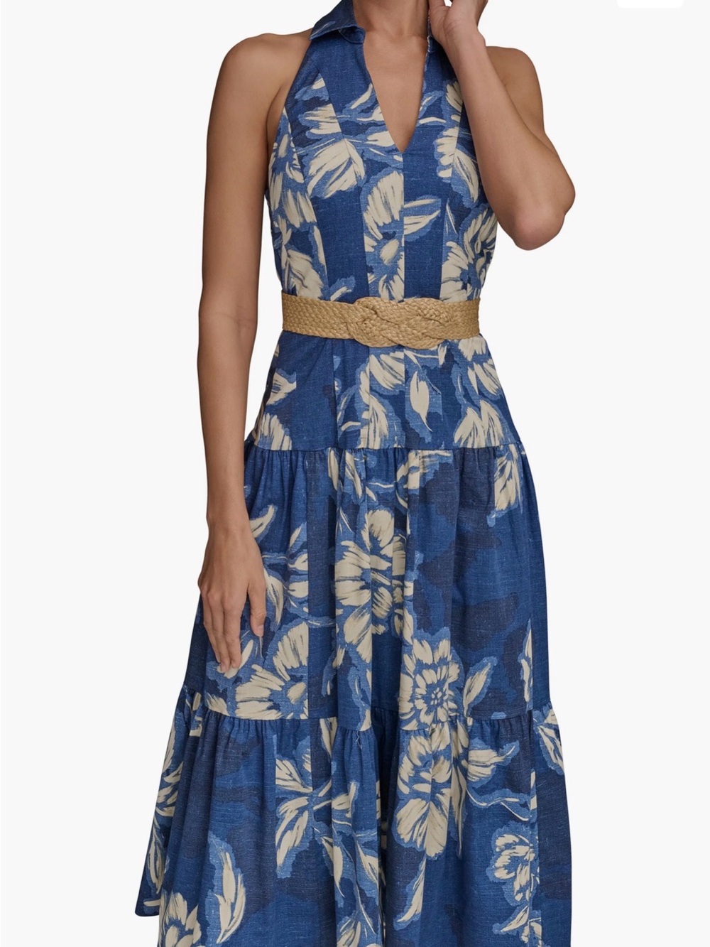 Donna Karan Blue and Cream Halter Floral Midi Dress Size 14 missing belt - Picture 6 of 6